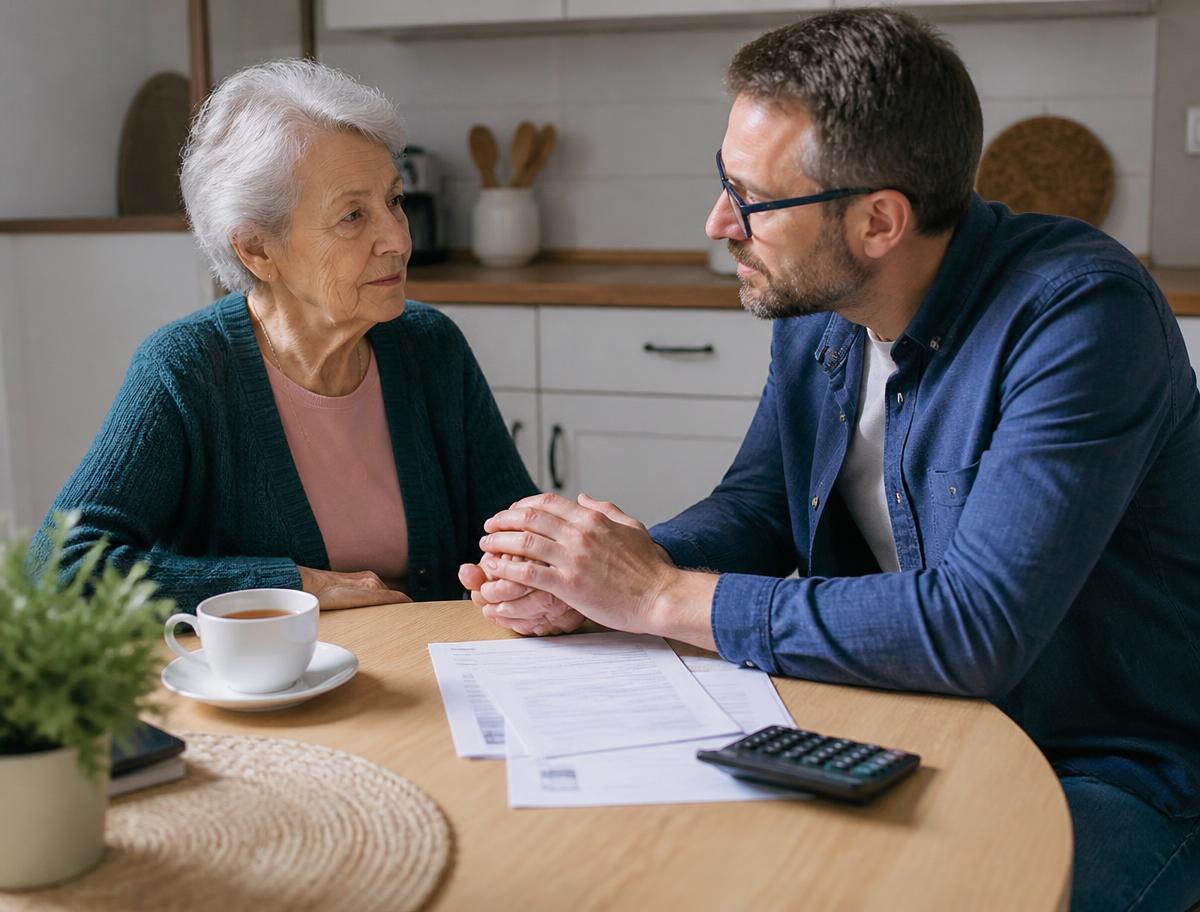 Adult son holding his mother's hands while reviewing insurance paperwork