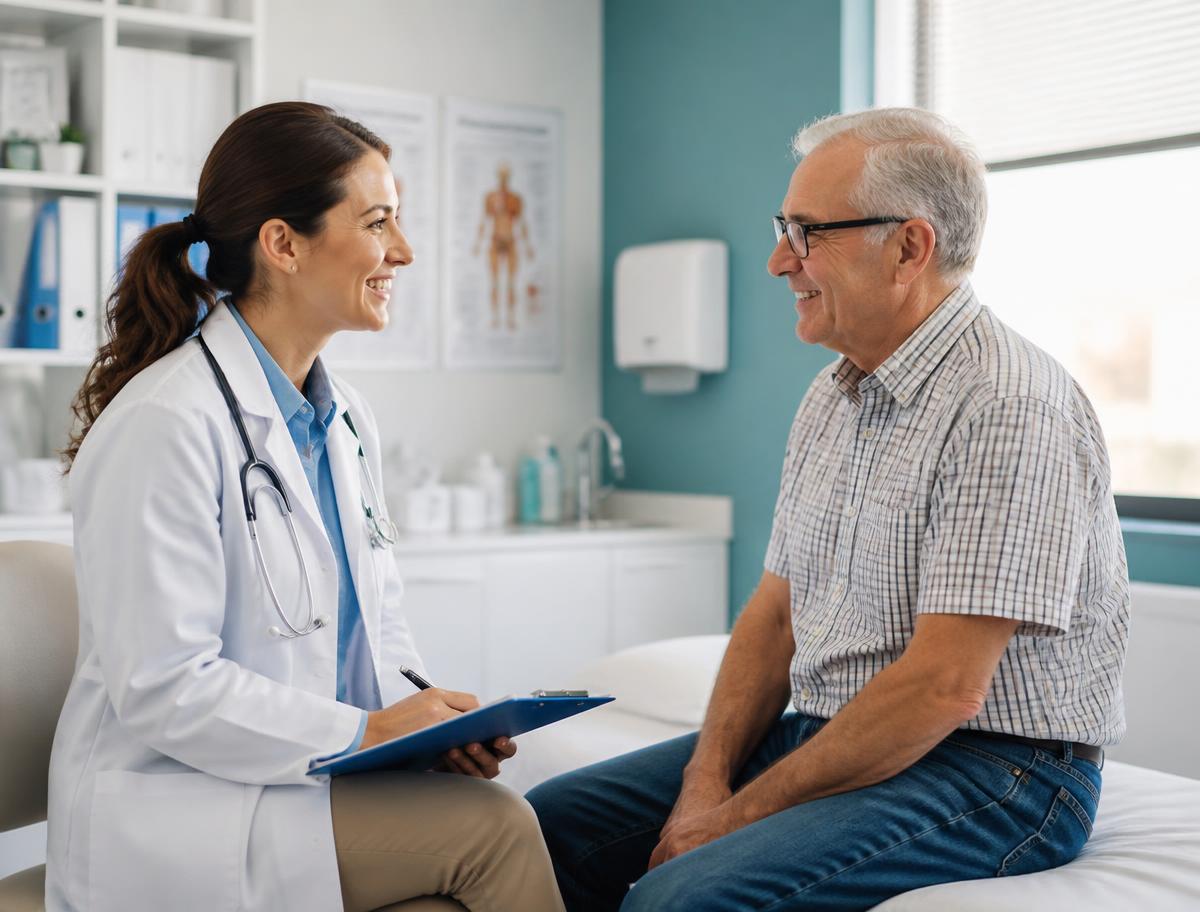 Doctor talking with a senior patient in a bright clinic